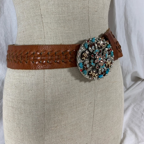 Vintage LEATHEROCKS USA jeweled turquoise woven leather belt 34 medium main image 9